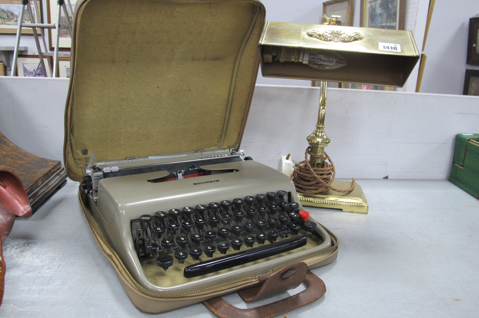 Brass Desk Lamp, on rectangular shaped base, 35cm high, together with a Olivetti Lettera 22
