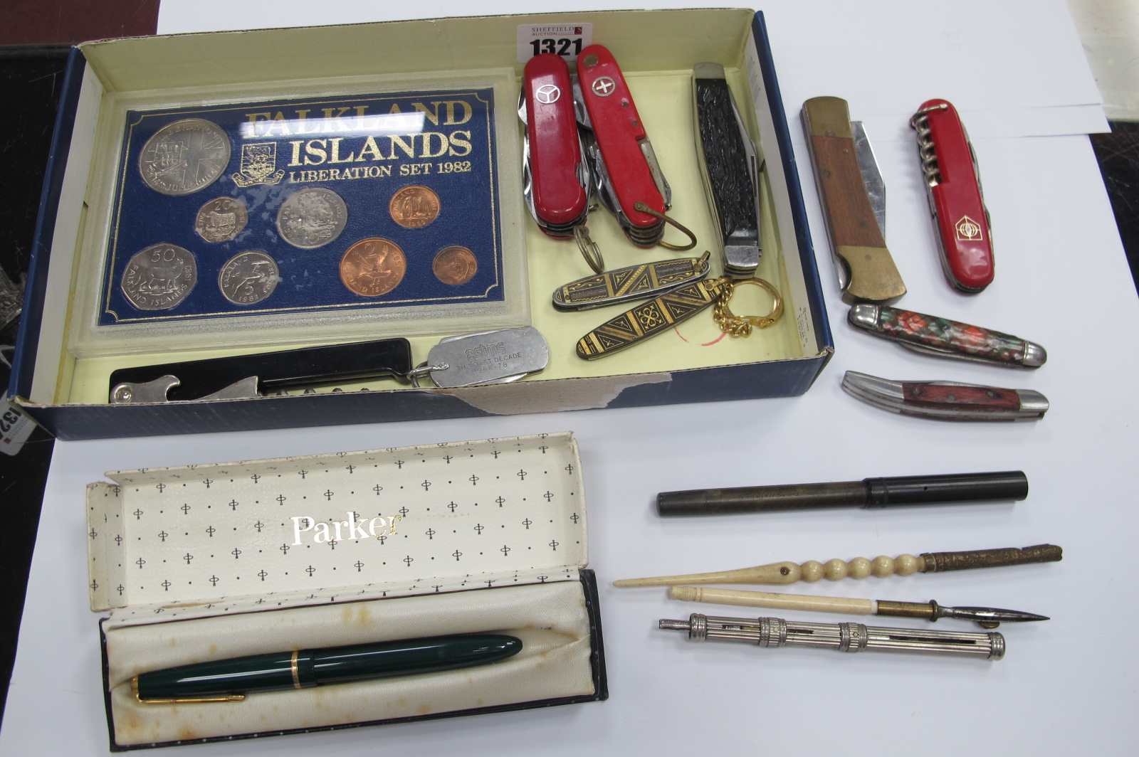 Parker Fountain Pen, with a 14k nib, propelling pencil, pen knives, Falkland Islands Liberation