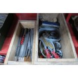 Files, including spear file, drill attachments, wire brushes, etc:- Two Boxes
