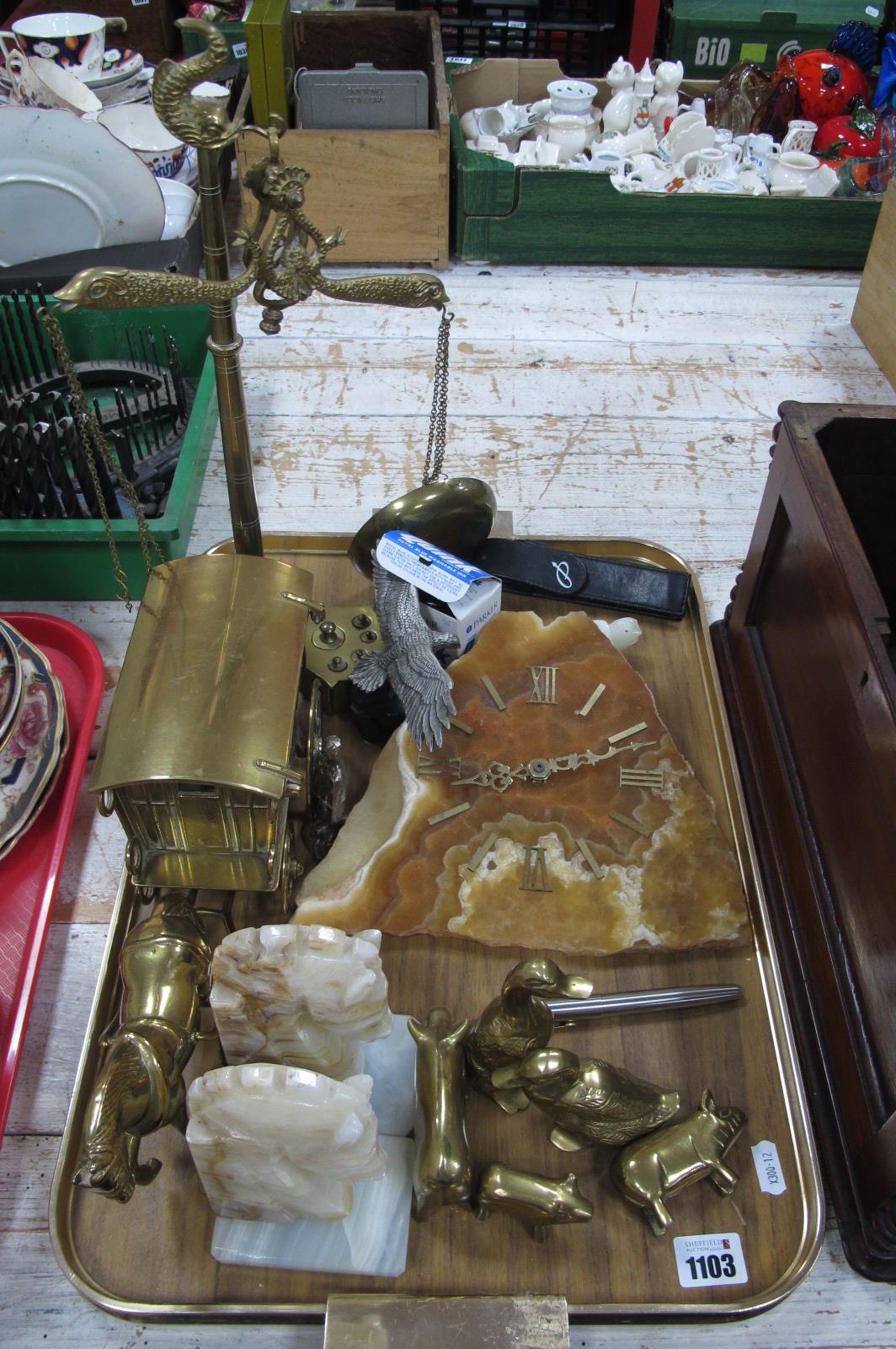 Brass Horse and Cart and Scales, mineral clock, book-ends, Parker pen, etc:- One Tray