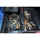 Tools - Stanley, Bailey No 4 planes x 2, Guys No 1617 plane, drills, vice, etc, in two plastic carry