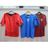 Football Shirts - Portugal, claret home by Nike circa 2006-8. Italy Puma blue home, Belgium Nike