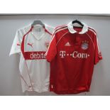Football Shirts - Bayern Munich, Adidas red with T.Com logo. Stuttgart Puma white 'Debitel' logo
