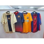 Football Shirts - Barcelona, Nike homes (x 2), both size S. Orange away 'Unicef' logo and gold away.