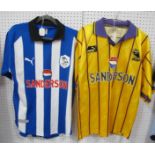 Football Shirts - Sheffield Wednesday, Puma home and yellow with purple pin stripes away, both '