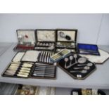 Assorted Cased Sets of Cutlery, including dessert spoons, fish knives and forks, hallmarked silver