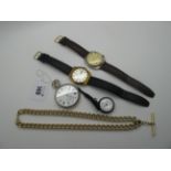 Openface Pocketwatch, a gun metal cased fob watch, modern gilt metal curb link Albert chain; vintage