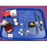 A 9ct Gold Ring, (cut / damages); pendants, two ladies wristwatches (damages) etc :- One Tray