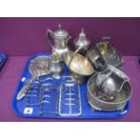 Plated Ware, including toast racks, swing handled sugar basket, sugar casters lidded jug, sugar