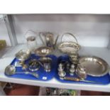 A Collection of Assorted Plated Ware, including decorative glass biscuit barrel with swing handle,