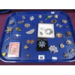 Assorted Costume Brooches, Modernist style brooch and matching clip on earrings, etc :- One Tray