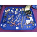Assorted Costume Brooches, diamanté, modern enamel jewellery etc :- One Tray