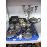 Assorted Plated Ware, including glass coasters, hallmarked silver sugar tongs, candelabrum, assorted