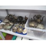 Assorted Plated Ware, including tea wares, serving dishes, goblets, sauce boats, cruet items, dishes