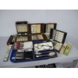 Assorted Wooden and Other Cased Sets of Assorted Fish Knives and Forks, cased serving spoons, napkin