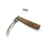 F.Newton Steel Flat Bottom Pruning Knife, stag scales, metal bolster, 9cm.