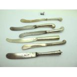Silver Handles Pistol Grip Knives, three in total, two other white metal knives, one silver blade