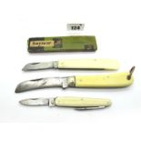 Pocket Knives:- J.Nowill Sheffield, faux ivory scales, n/s bolster, lanyard ring 10cm; Saynor,