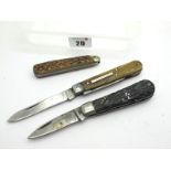 Eye Witness, two blade, stag scales, brass linings, 9.5cm; Eye Witness, single blade, jigged horn