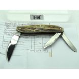 Stan Shaw Whitler Knife, three blades stag scales, brass worked linings, work back to springs and