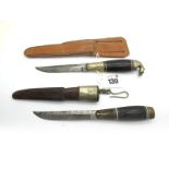 Skinning Knives in the Norwegian Style, in leather sheaths, 21cm each.