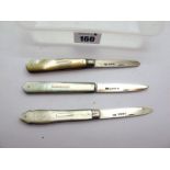 Fruit Knives:- mother or pearl scales, silver blade (GGR), n/s bolster, brass linings, work back