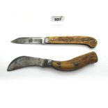 Joseph Rodgers, single blade, stag scales, pistol grip, 11.5cm; fixed blade pruning knife, stag