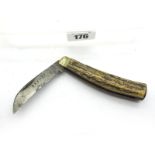 Saynor Flat Bottom Knife, with stag scales and brass bolster, 9.5cm.