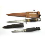 W.H. Fagan & Sons, double edge sheath knife, stag handle with aluminium pommel, in sheath, 26cm