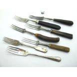 Early Three and Four Prong Forks, with ebony, stag and horn handles, 18cm - 20cm. (7)