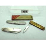 John Watts Stainless Steel Two Blade Knife, boxed, 8cm; no name, brass scales, one blade and nail