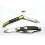 Pocket Knives, two continental type knives, one with three blades, horn scales, n/s bolsters,