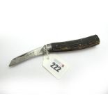 Saynor Pocket Knife, stag scales, steel flat bottom, 10cm closed.