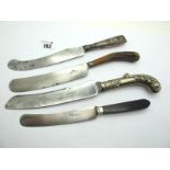 Early table Knives, four in total, white metal pistol grip handle, stag, white metal and ebony