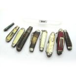 Richards of Sheffield, various size pocket knives, some with pictured scales. (9)