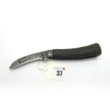 Pruner; Hunter & Son Sheffield Flat Bottom Knife, stag scales, blade worn, snaps shut on opening and