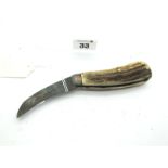 Pruning Knife; Wingfield Rowbotham & Co, stamped to blade, stag scales, brass flat bottom, steel