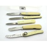 German Two Blade, faux scales, brasslings, 8.5cm; Falmer Colchester, single blade, 7cm; Bonsa, two