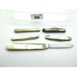 Clements Fruit Knife, with mother of pearl scales, brass linings, 8cm; four other unnamed knives