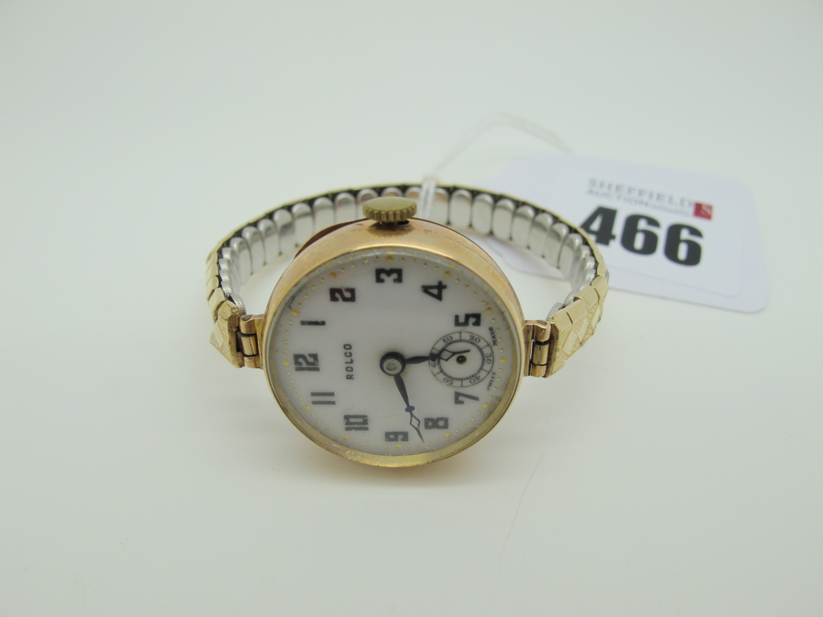 A 9ct Gold Hallmark (Rubbed) Cased Ladies Wristwatch, the signed Rolco dial with Arabic numerals,