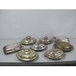 A Collection of Assorted Plated Lidded Entree Dishes, rectangular and oval, including pairs. (8)