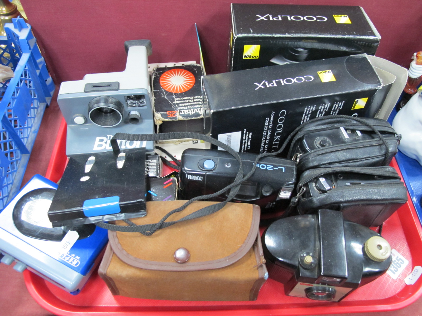 Kodak 'Brownie' 127 Camera, cased, Polaroid 'The Button' land camera, Nikon Coolpkix, film, etc:-