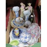 Bisque Figures of Classical Lady and Gentleman, blue and white table tea ware, etc (faults):- One