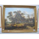 'A Walk in The Country Park'; A decorative unsigned gilt Framed oil on board, 60cm x 45cm.