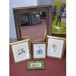 Rectangular Bevelled Wall Mirror in Silvered Frame, 81.5 x 53.5cm, two prints, decoupage,Cash's