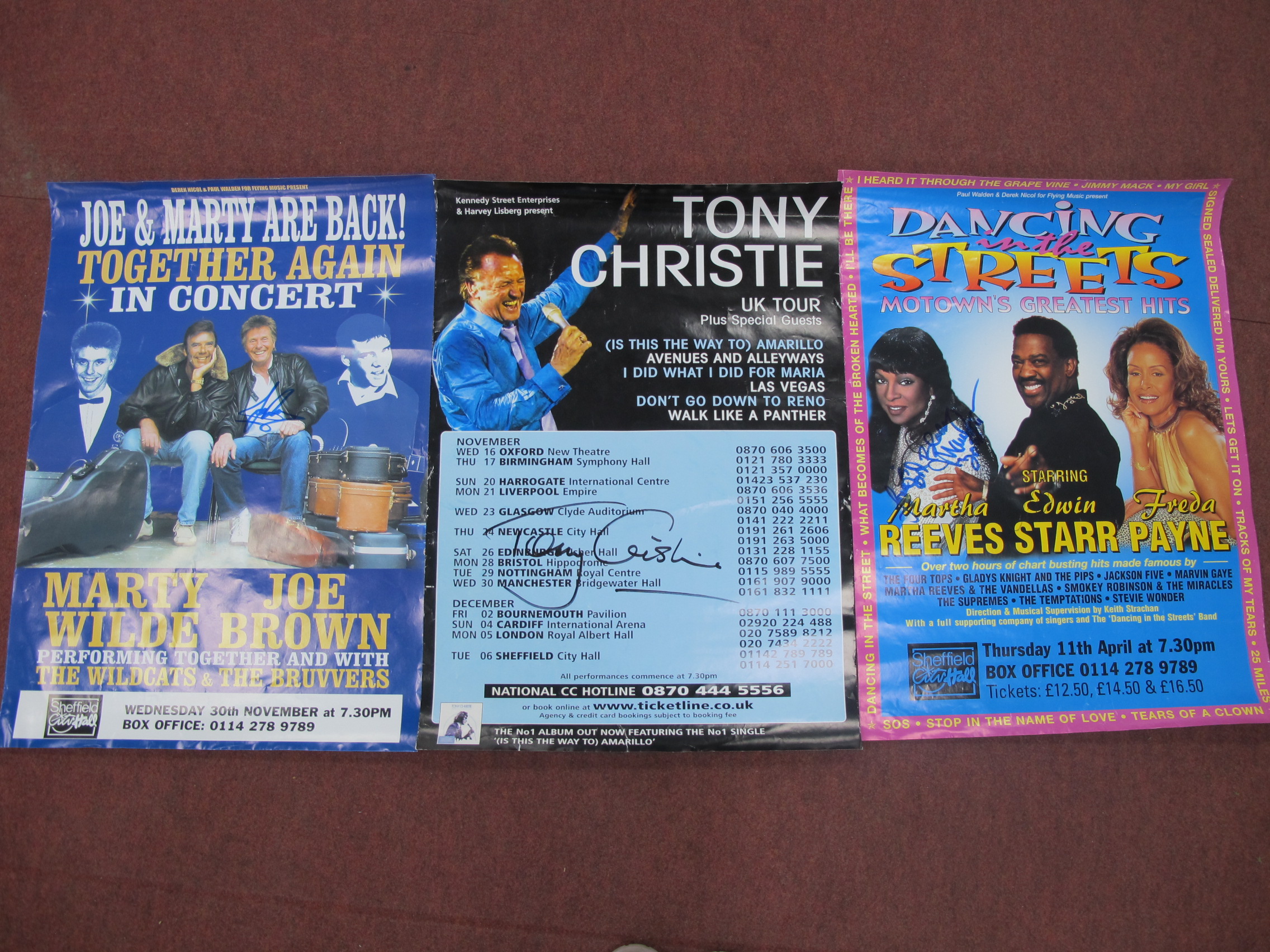 Three Signed Posters, Tony Christie, Joe Brown and Martha Reeves with Edwin Starr, all signed on