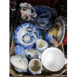 A Quantity of Blue & White Cups, Saucers, twin handled cups, bowls, plates etc:- One Box.