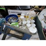 A Bone China Tea Set, plated teapot, cream and sugar, cased rattle, manicure set, etc:- One Tray.