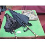 An Early XX Century Tapestry Handbag, with wooden frame and cord handles; a ladies mourning umbrella