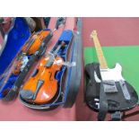 Two Cased Student Violins, one English, one Chinese; a 'Legend' electric guitar (untested). (3)